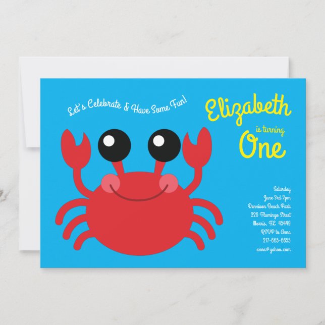 Cute Crab Beach Kids 1st Birthday Party Invitation (Front)
