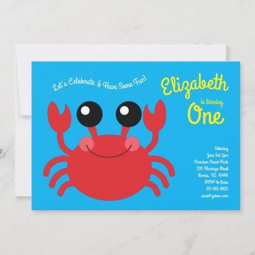 Cute Crab Beach Kids 1st Birthday Party Invitation