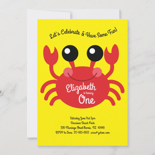 Cute Crab Beach Kids 1st Birthday Party Invitation (Front)