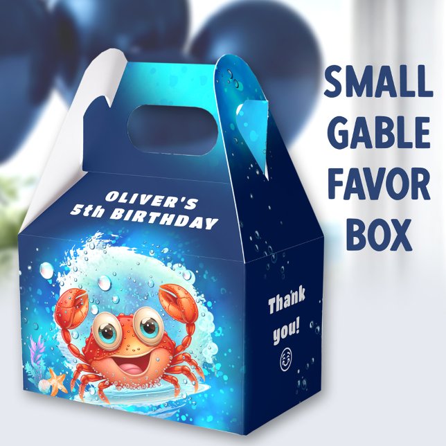 Cute Crab Boy Birthday Navy Blue Pool Party Favor Boxes (Cute Crab Small Gable Favor Boxes - You can choose from 3 sizes of these gable favor boxes)