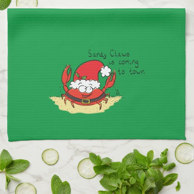 Cute Crab Christmas Funny Holiday Santa Cartoon Kitchen Towel (Folded)
