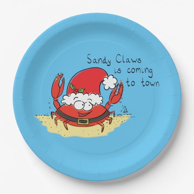 Cute Crab Christmas Funny Holiday Santa Cartoon Paper Plates (Front)