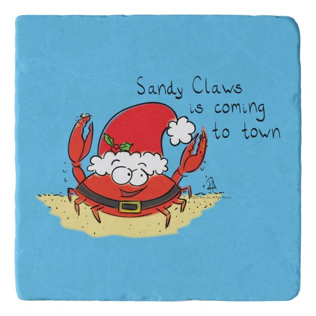 Cute Crab Christmas Funny Holiday Santa Cartoon Trivet (Front)