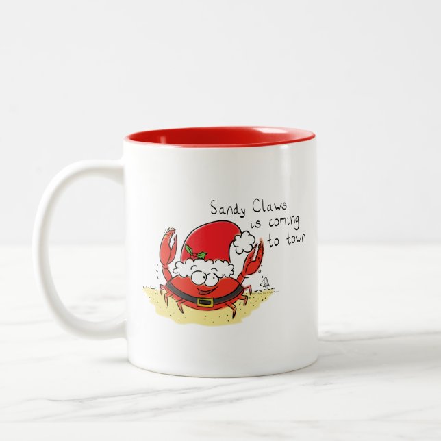 Cute Crab Christmas Funny Holiday Santa Cartoon Two-Tone Coffee Mug (Left)