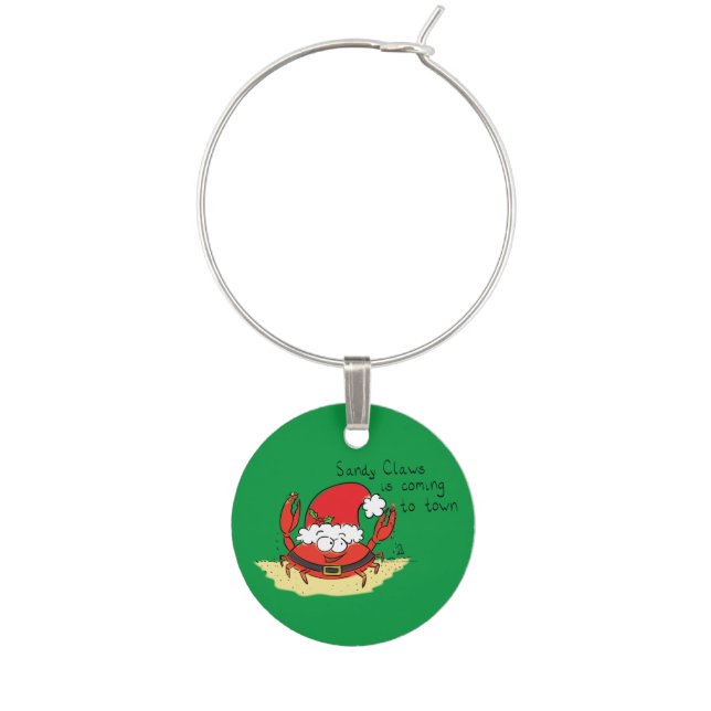 Cute Crab Christmas Funny Holiday Santa Cartoon Wine Charm (Front)