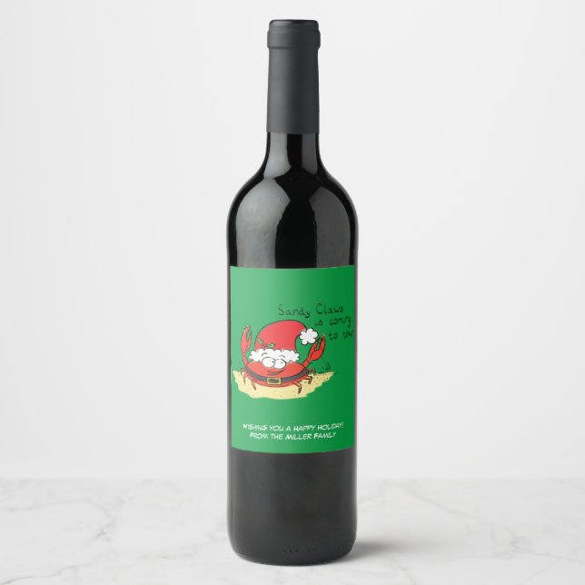 Cute Crab Christmas Funny Holiday Santa Cartoon Wine Label (Front)