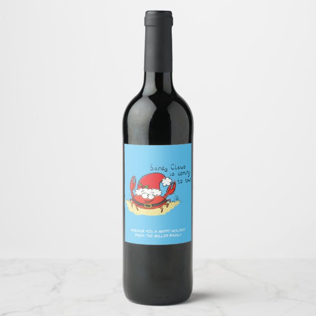 Cute Crab Christmas Funny Holiday Santa Cartoon Wine Label (Front)