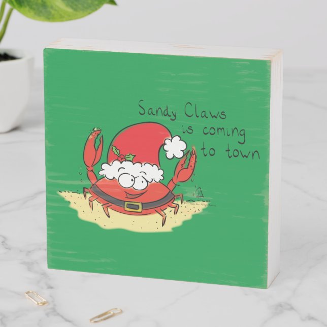 Cute Crab Christmas Funny Holiday Santa Cartoon Wooden Box Sign (In Situ Horizontal)