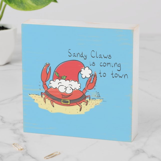 Cute Crab Christmas Funny Holiday Santa Cartoon Wooden Box Sign (In Situ Horizontal)