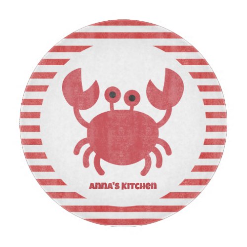 Cute Crab _ Red  White Stripes Personalized Cutting Board