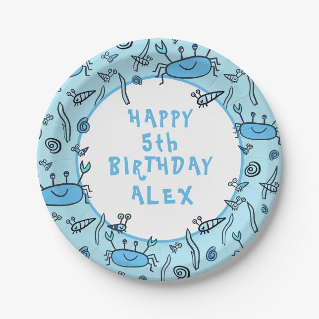 Cute Crab Sea Animals Boy Happy Birthday  Paper Plates (Front)