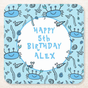 Cute Crab Sea Animals Boy Happy Birthday Square Paper Coaster