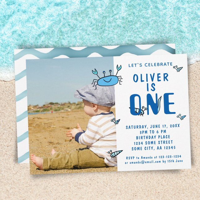 Cute Crab Sea Animals Shell Boy Photo 1st Birthday Invitation (Creator Uploaded)