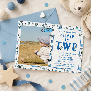Cute Crab Sea Animals Shell Boy Photo 2nd Birthday Invitation