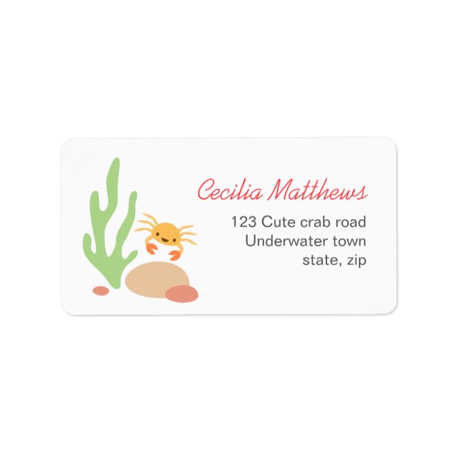 Cute crab seaweed and rocks sea underwater cartoon label (Front)