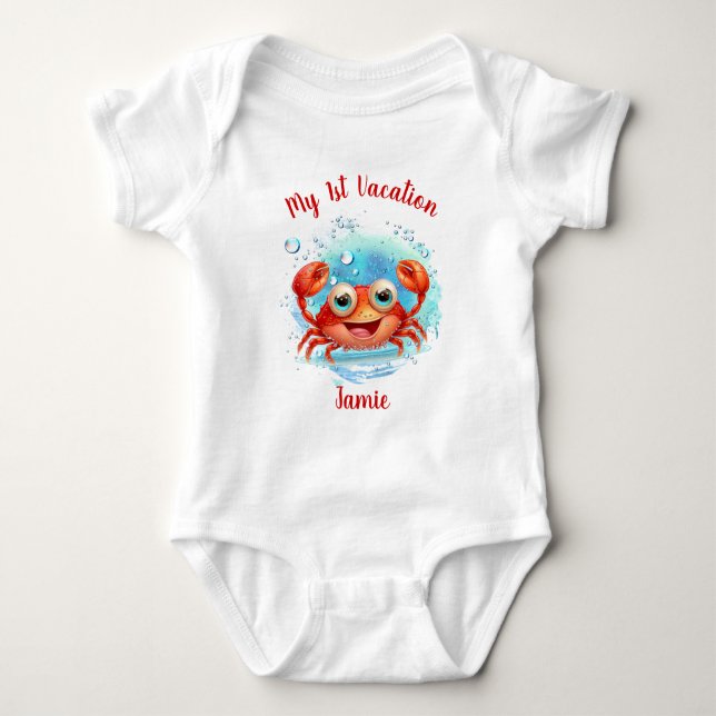 Cute Crab Summer Vacation Beach Name Baby Bodysuit (Front)