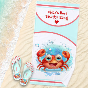 Cute Crab Summer Vacation name Girl Beach Towel
