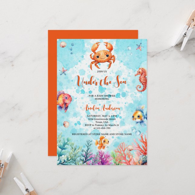 Cute Crab Under the Sea Creatures Baby Shower Invitation (Front/Back In Situ)