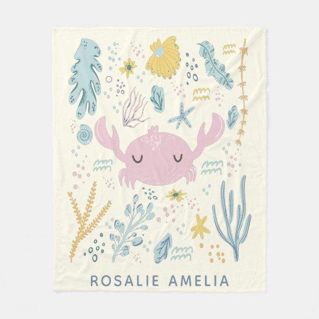 Cute Crab Underwater Shells Pastels Custom Name Fleece Blanket (Front)