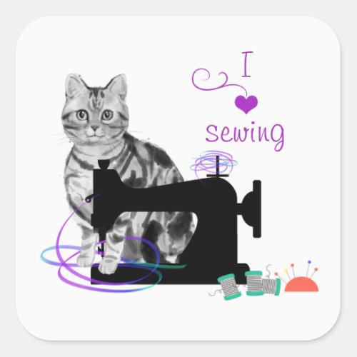 Cute Crafting Cat with Sewing Machine and Ribbon Square Sticker