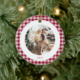 Cute Cranberry Red Plaid Custom Photo Christmas Ceramic Ornament
