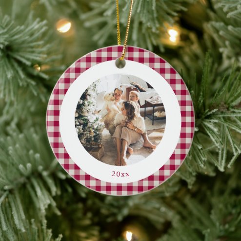 What Christmas looks like in 2026 - Pink Dramatic personalized gifts for you Cute Cranberry Red Plaid Custom Photo Christmas Ceramic Ornament – populair kerstcadeau en kerstdecoratie 2026