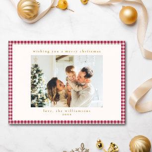 Cute Cranberry Red Plaid Custom Photo Christmas Holiday Card