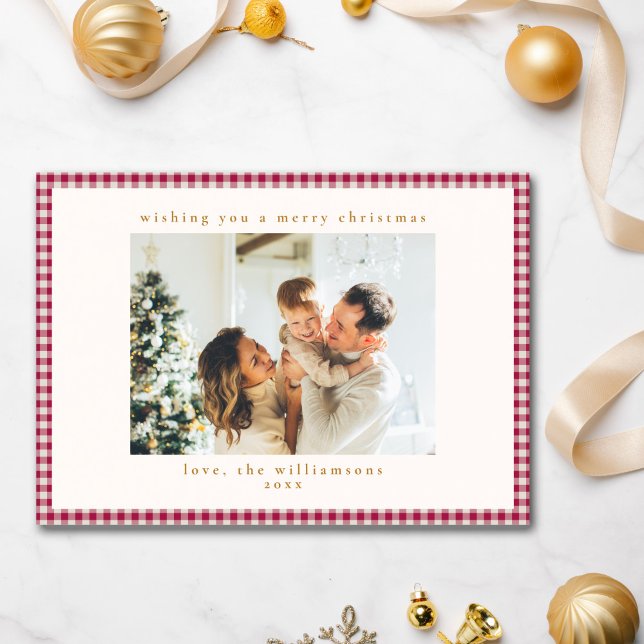 Cute Cranberry Red Plaid Custom Photo Christmas Holiday Card (Creator Uploaded)