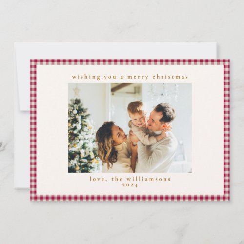 Cute Cranberry Red Plaid Two Photo Christmas Holiday Card
