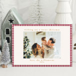 Cute Cranberry Red Plaid Two Photo Christmas Holiday Card<br><div class="desc">Send festive cheer with our Cute Cranberry Red Gingham Plaid Custom Two Photo Christmas Holiday Card! Featuring a classic plaid pattern and space for two of your favorite photos, this card adds a cozy, personalized touch to your holiday greetings. Perfect for sharing your holiday spirit and memories with friends and...</div>