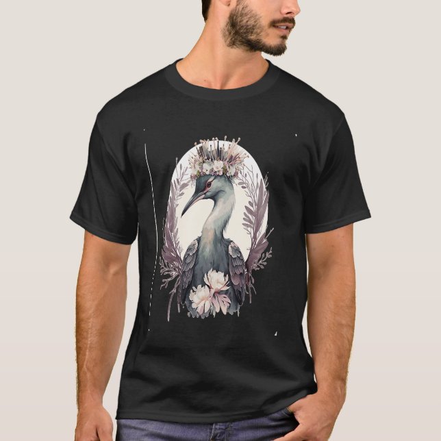 Cute Crane Bird Flower Crown Floral Birding T-Shirt (Front)