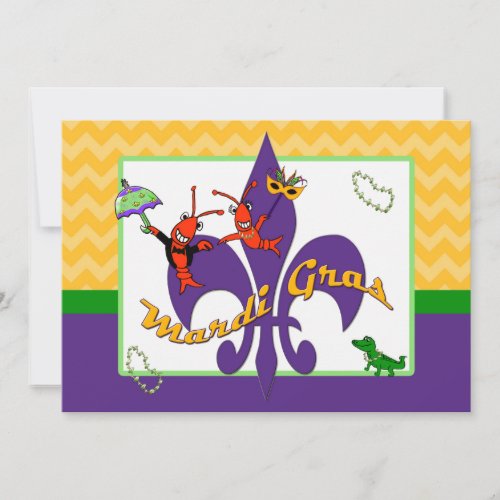 Cute Crawfish Fleur de Lis Mardi Gras Invitation