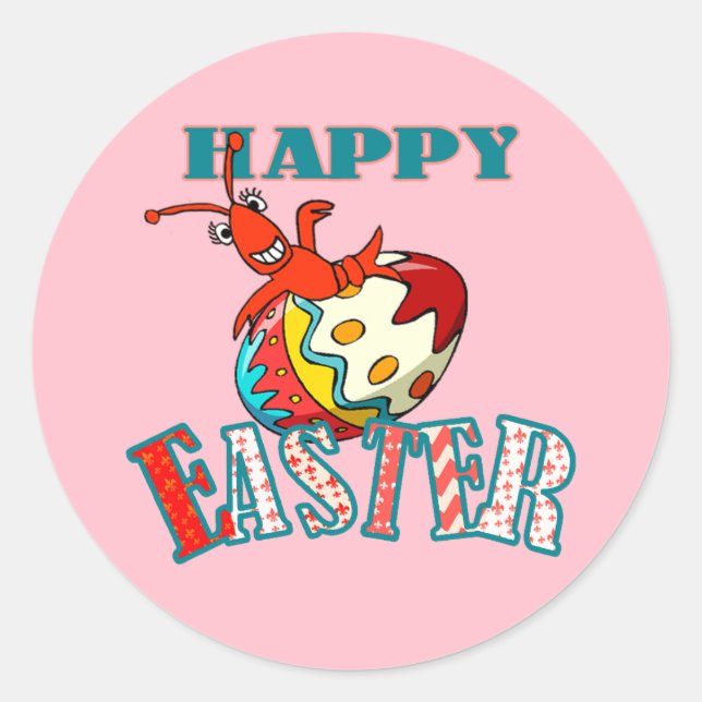 Cute Crawfish Happy Easter (pink) Classic Round Sticker (Front)