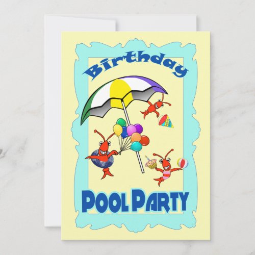 Cute Crawfish Lobster Pool Party Child Blue Invitation