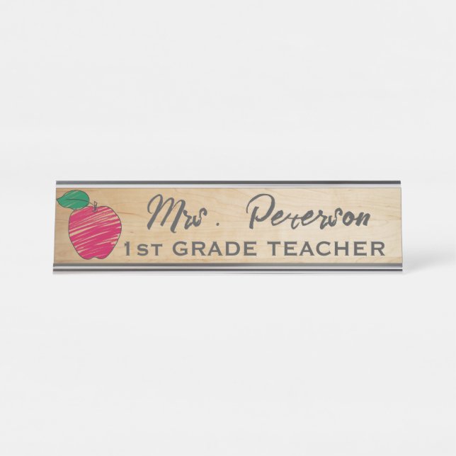 Cute Crayon Apple Personalized Wooden Teacher  Desk Name Plate (Front)