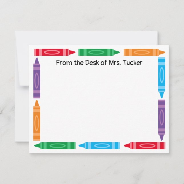 Cute Crayon Border Teacher Name Stationery Note Card (Front)