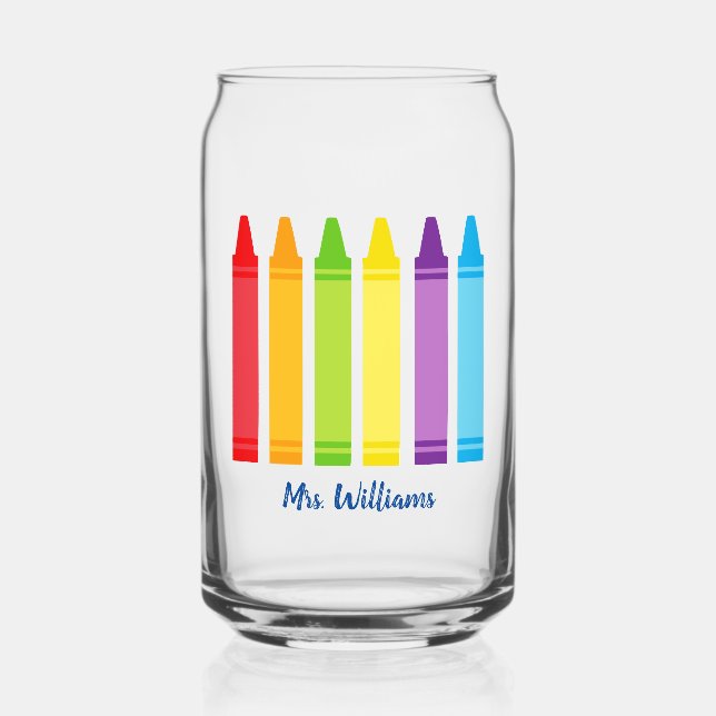 Cute Crayon Elementary School Teacher Personalized Can Glass (Front)