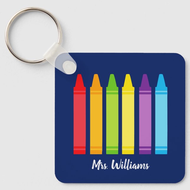 Cute Crayon Elementary School Teacher Personalized Keychain (Front)
