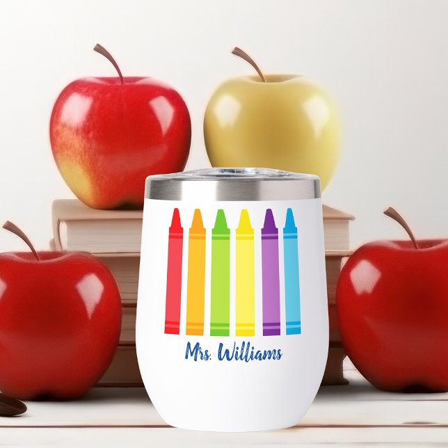 Cute Crayon Elementary School Teacher Personalized Thermal Wine Tumbler (Creator Uploaded)