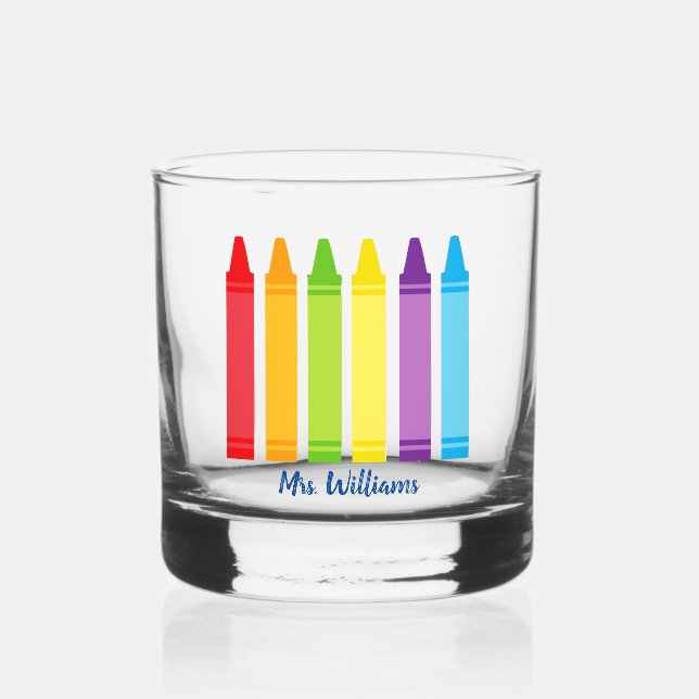 Cute Crayon Elementary School Teacher Personalized Whiskey Glass (Front)