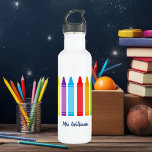 Cute Crayon Elementary Teacher Custom Stainless Steel Water Bottle<br><div class="desc">Cute elementary teacher water bottle. A beautiful Teacher Appreciation Week or End of Year gift for a kindergarten class to give to their elementary school teacher. Custom made with your own message. Personalize with your name or text under the cute rainbow of crayons. An adorable drink bottle for a preschool...</div>