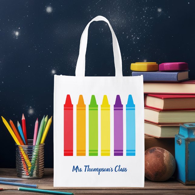 Cute Crayon Kindergarten Teacher School Monogram Grocery Bag (Creator Uploaded)