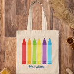 Cute Crayon Kindergarten Teacher School Monogram Tote Bag<br><div class="desc">A beautiful Teacher Appreciation Week or End of Year gift for a kindergarten class to give to their elementary school teacher. Custom made with his or her name underneath a cute rainbow of crayons. An adorable tote bag for a preschool teacher with a pretty,  personalized monogram.</div>