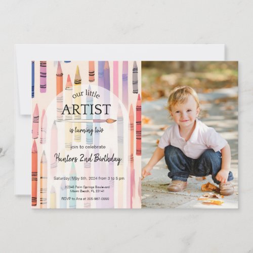 Cute Crayon Pastel Little Artist Photo Birthday Invitation