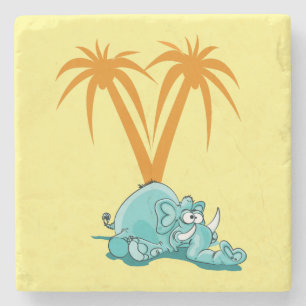 Cute Crazy Blue Elephant Laying Under Palm Trees Stone Coaster