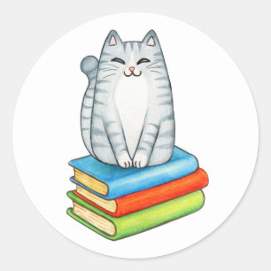 Cute Crazy Cat Lady Bookworm Reading Book Lover Classic Round Sticker
