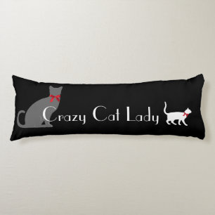Cute Crazy Cat Lady, Gray White Cats on Black Body Pillow