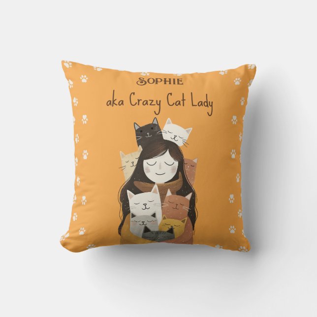 Cute Crazy Cat Lady Illustration with Name Yellow Throw Pillow (Front)