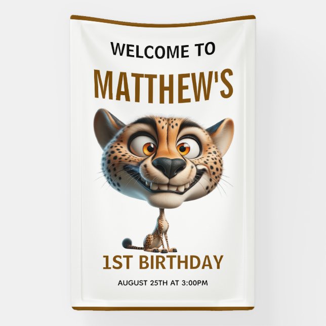 Cute Crazy Cheetah Farm Theme 1st Birthday Banner (Vertical)