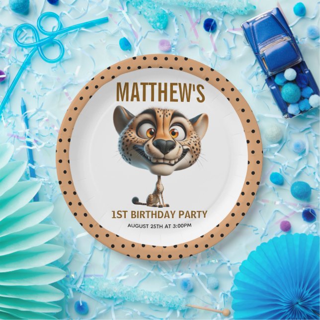 Cute Crazy Cheetah Farm Theme 1st Birthday Paper Plates (Party)